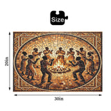 1000-piece wooden mosaic puzzle of figures dancing under firelight, warm tones — product detail