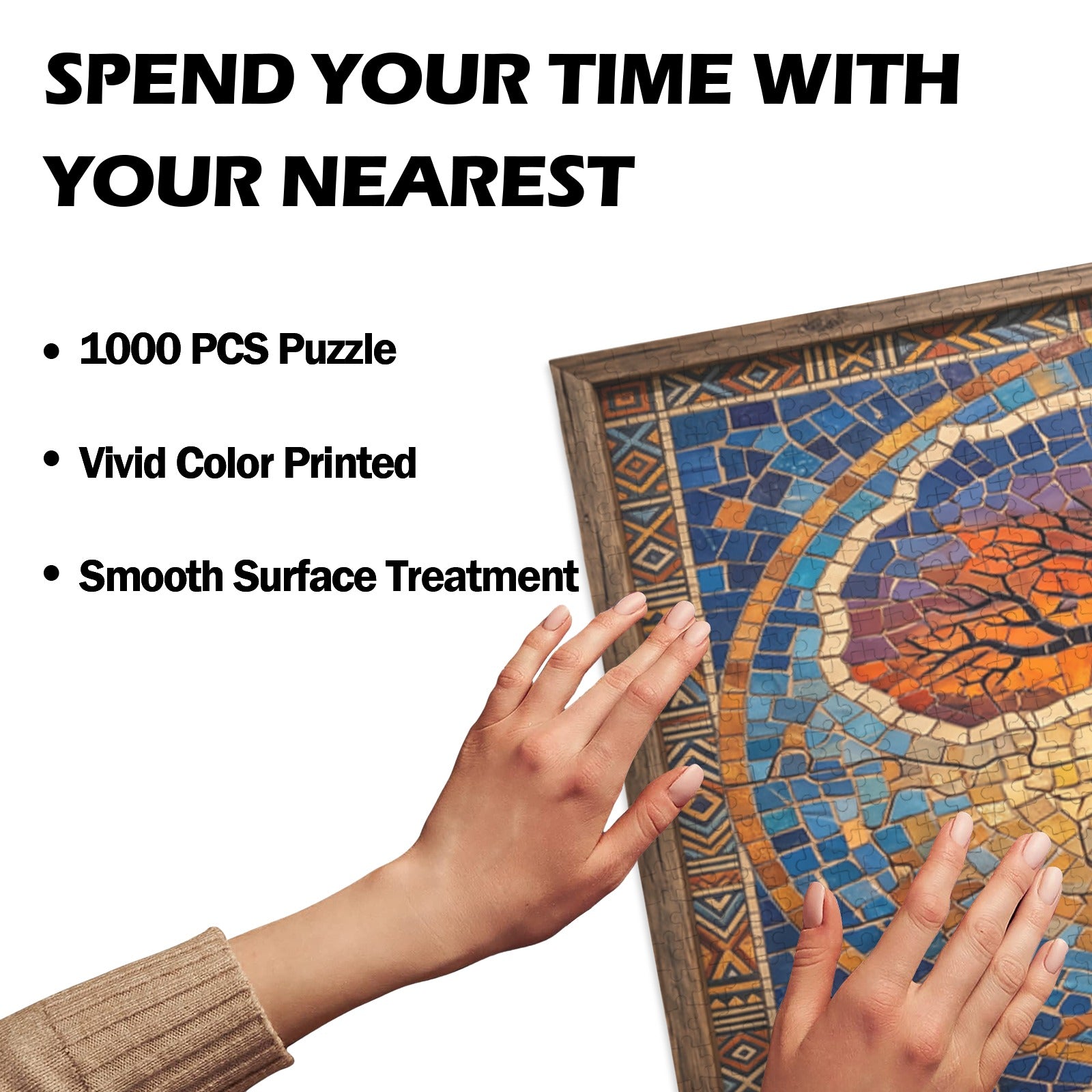 Horizontal wooden puzzle showing Africa silhouette filled by a baobab tree at sunset — rear view