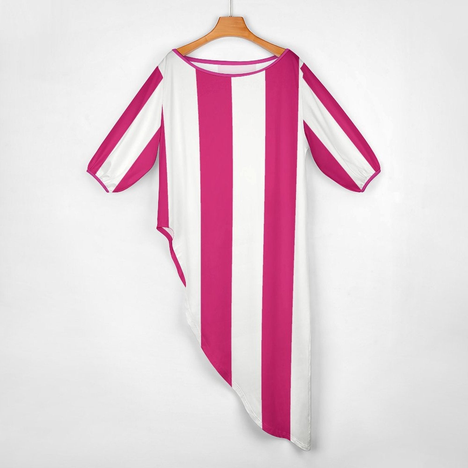 Pink and white striped off-shoulder top paired with matching trousers two-piece outfit — rear view
