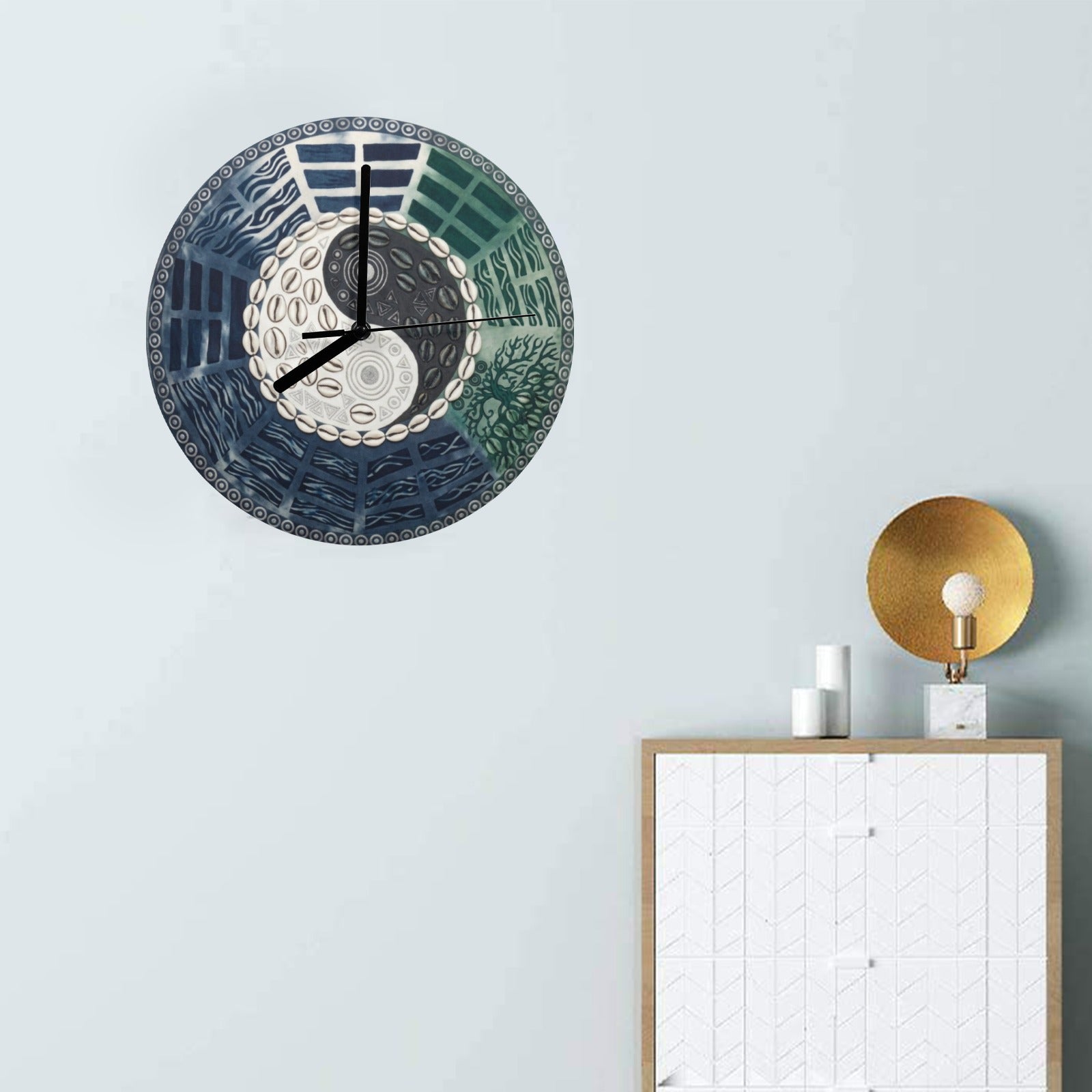 Wooden wall clock with ocean-inspired yin-yang design, turquoise tones, and cowrie shell ring, 11.6 inches — product detail