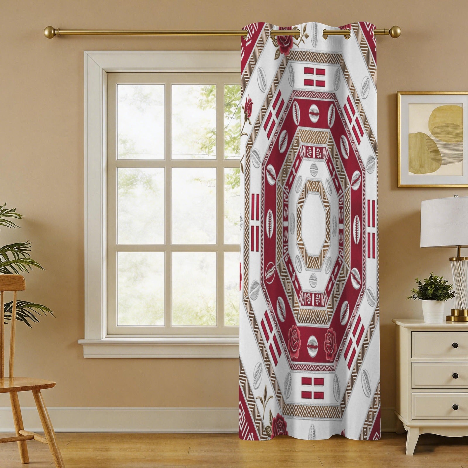 Crimson tribal blackout curtain panel 52 x 84 with metal grommets and bold pattern — product detail