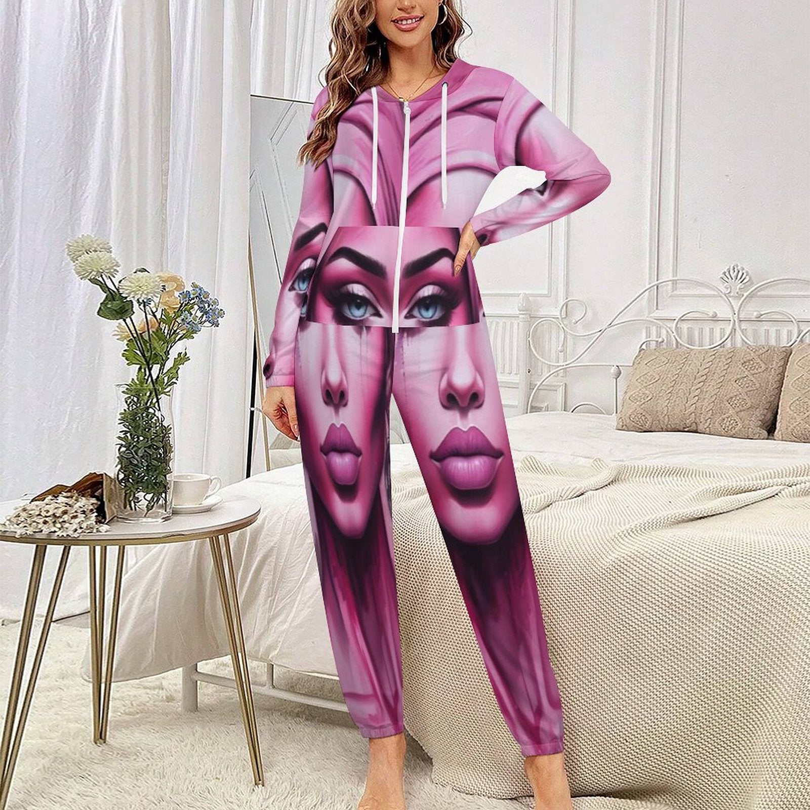 Rich and Rich Pink Her Eyes Pajamas One-Piece Zip-Up Hooded Loungewear