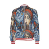 Women's whimsical blue bomber jacket with all-over print, ribbed collar and zip front — product detail