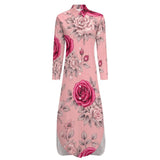 Long button-up women’s shirt dress with pink rose floral print and long sleeves — additional view 15