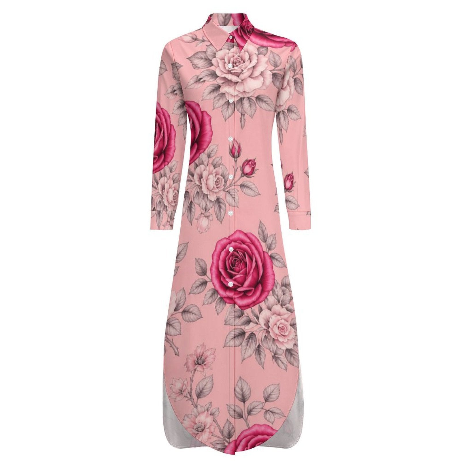 Long button-up women’s shirt dress with pink rose floral print and long sleeves — additional view 15