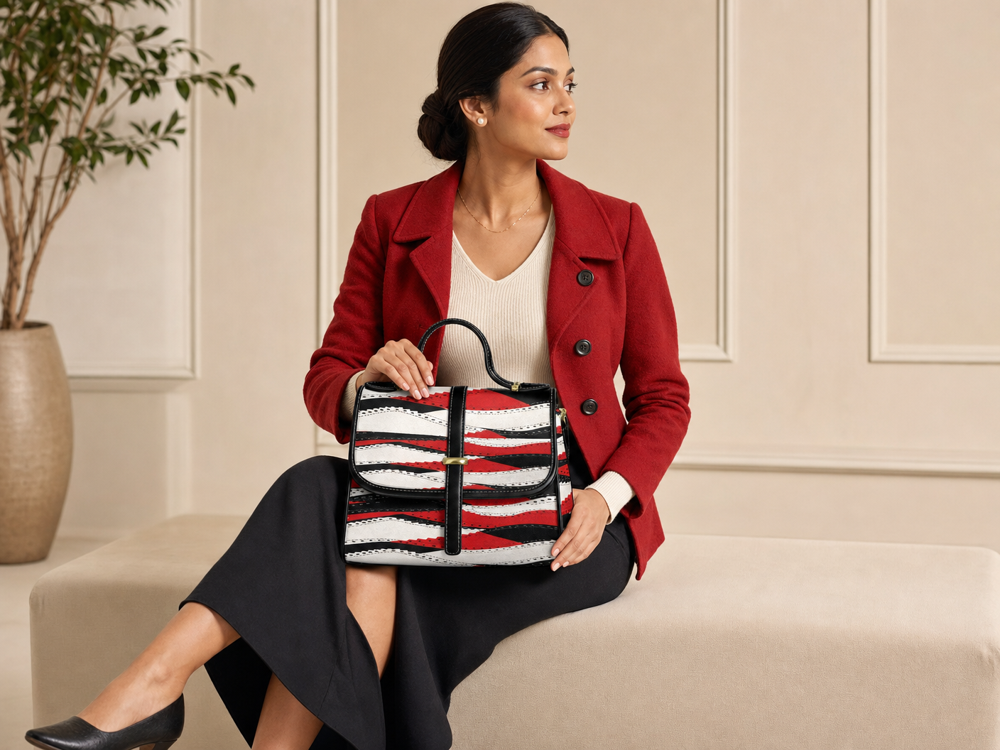 Women’s red and black curve leather satchel bag with flap top, top handle, adjustable shoulder strap, magnetic snap closure, metal zipper closure, and back zipper pocket.