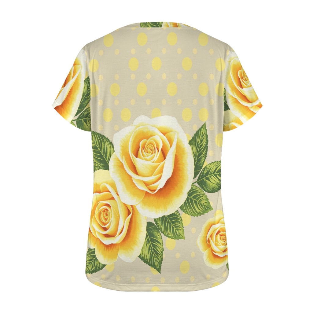 Yellow Rose and Polka Dot Women's Crewneck Sleeve T-Shirt with floral and polka dot pattern