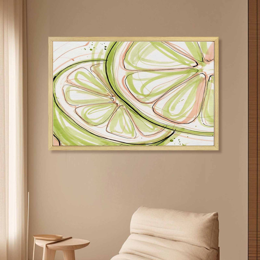 Rich and Rich Lime Slice Watercolor  Natural Wood Frame Painting