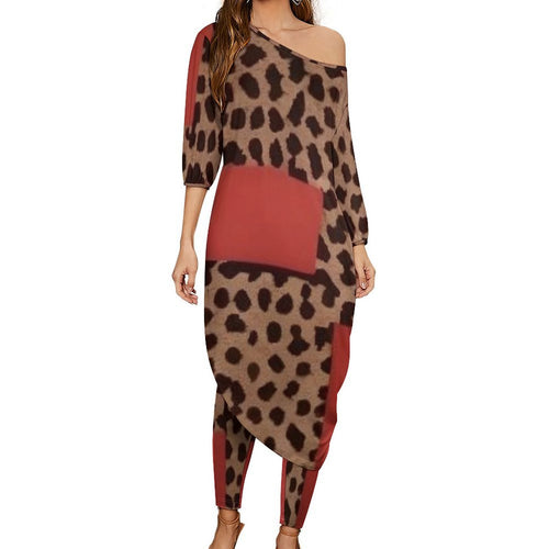 Women's off shoulder diagonal shoulder two-piece set with trousers in soft polyester blend