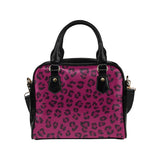 Magenta animal-print PU shoulder handbag with double handles and removable strap — rear view