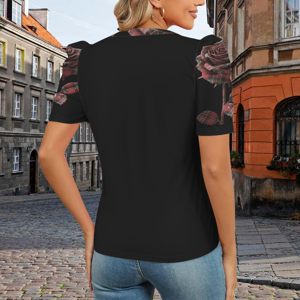 Rich and Rich Red Rose Women's Black Puff Sleeve T-Shirt with floral print