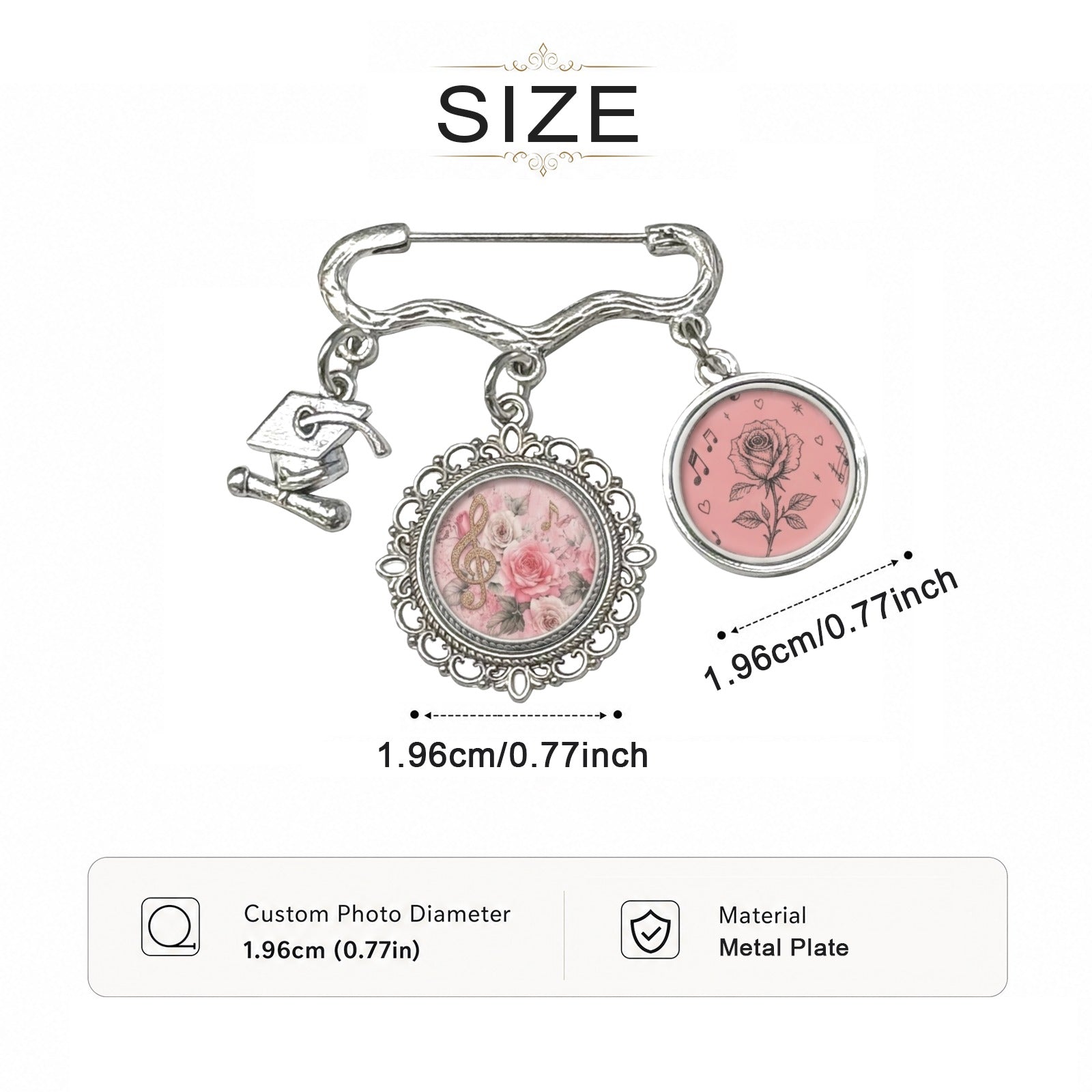 Pink roses and musical notes brooch with two round photo charms and a graduation cap charm — alternate view