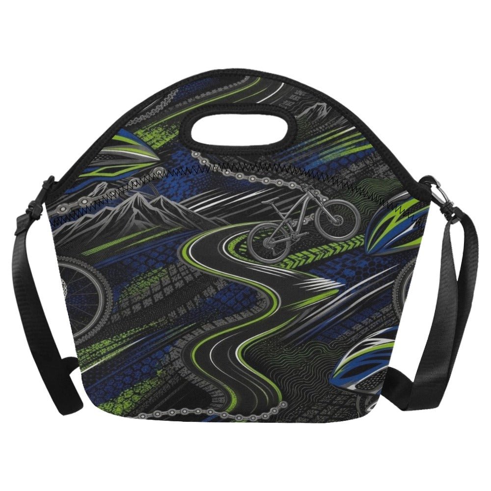 Black neoprene lunch bag with shoulder strap, top handle and cycling‑inspired design in large size — additional view 6