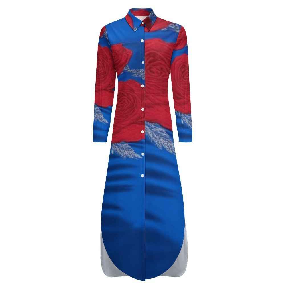 Women's red rose all-over print button-up long sleeve shirt dress with split hem — rear view