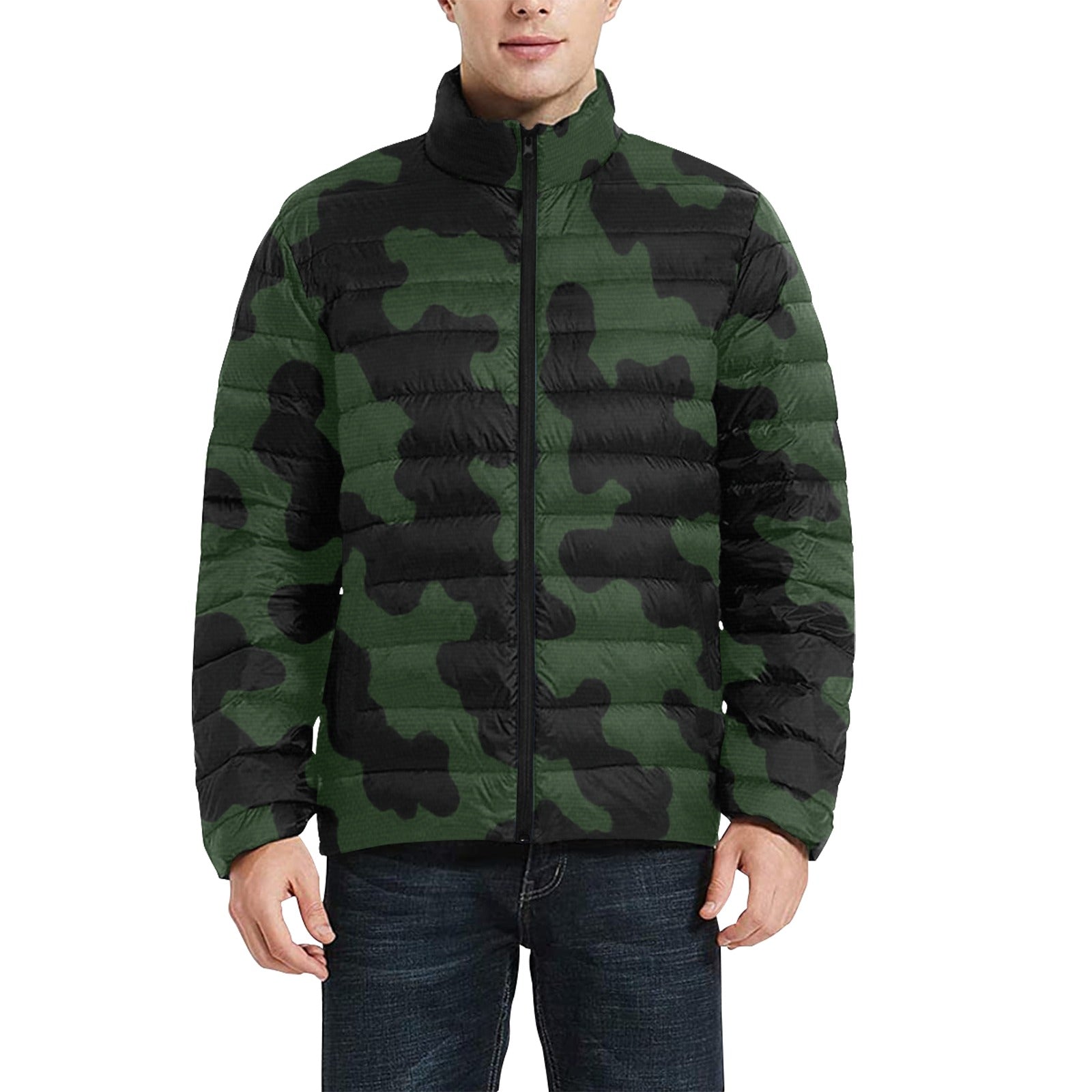 Men's green camouflage puffer jacket with stand-up collar and zipper closure