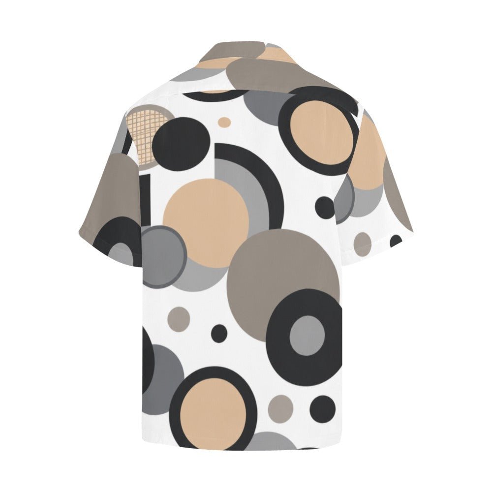 Men's beige short-sleeve shirt with circular dimension print and notch lapel — additional view 6