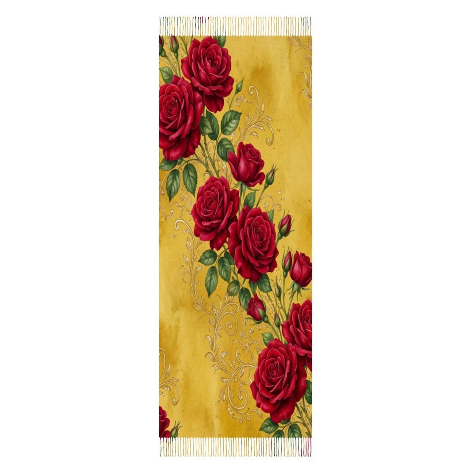 Mustard yellow designer scarf with large crimson roses, gold vine detailing and tassel fringe — additional view 7