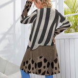 Mid-length women's cardigan in brown and beige with a relaxed, loose fit — product detail