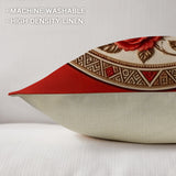Two crimson tribal-pattern faux linen throw pillows 18 x 18 with soft inserts — rear view