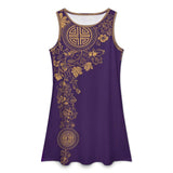 Sleeveless purple print women's dress with round neckline and side pockets — additional view 6
