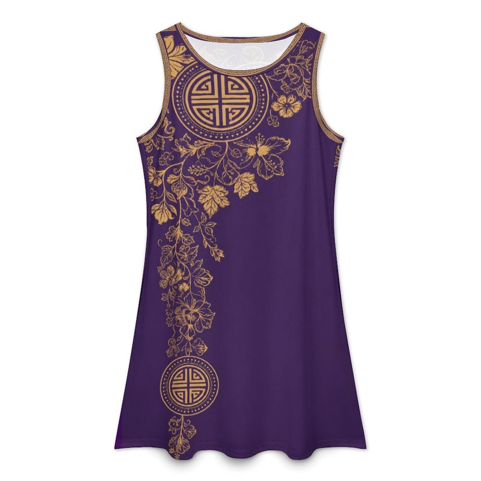 Sleeveless purple print women's dress with round neckline and side pockets — additional view 6