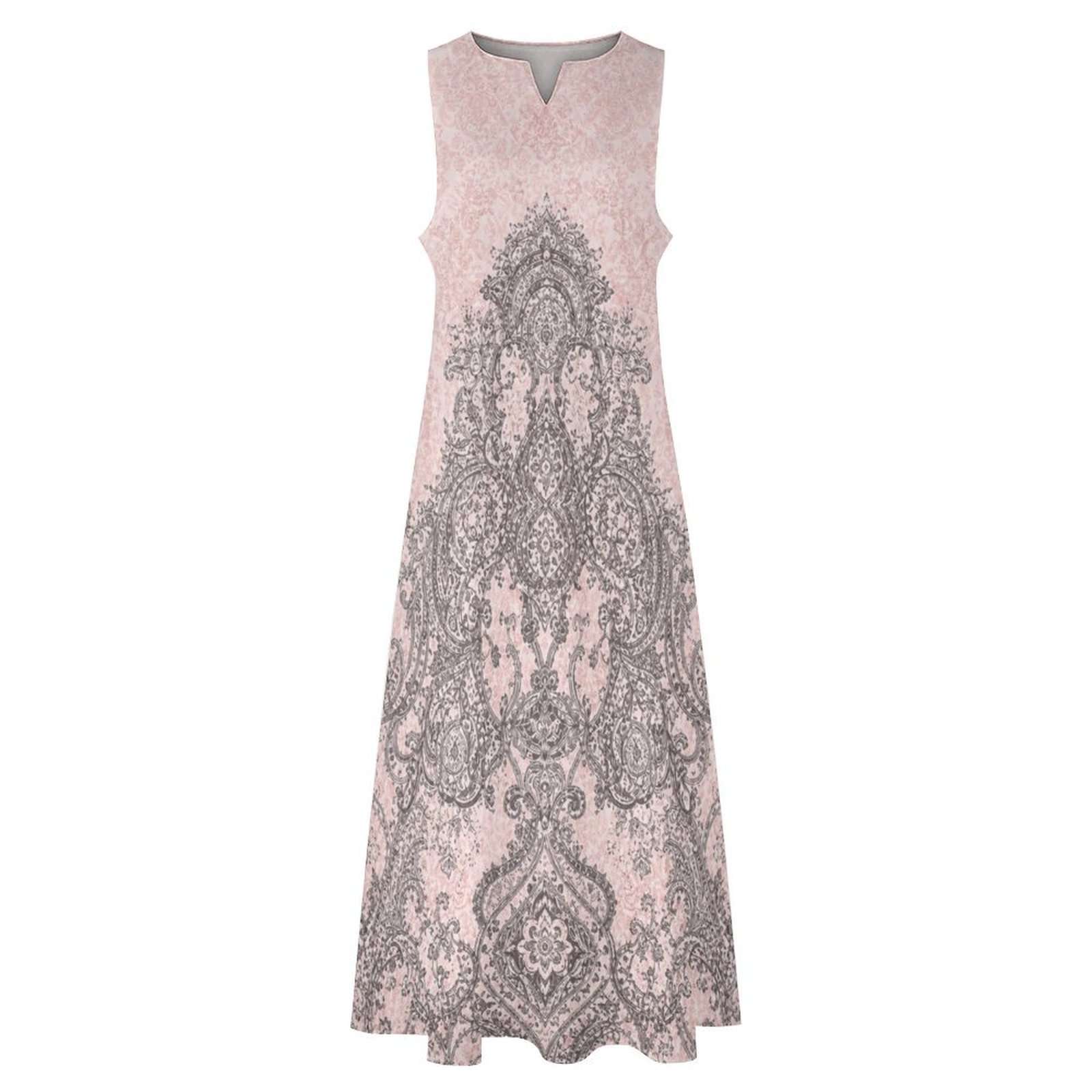 Sleeveless ankle-length blush baroque print maxi dress with V-neck and side pockets — alternate view