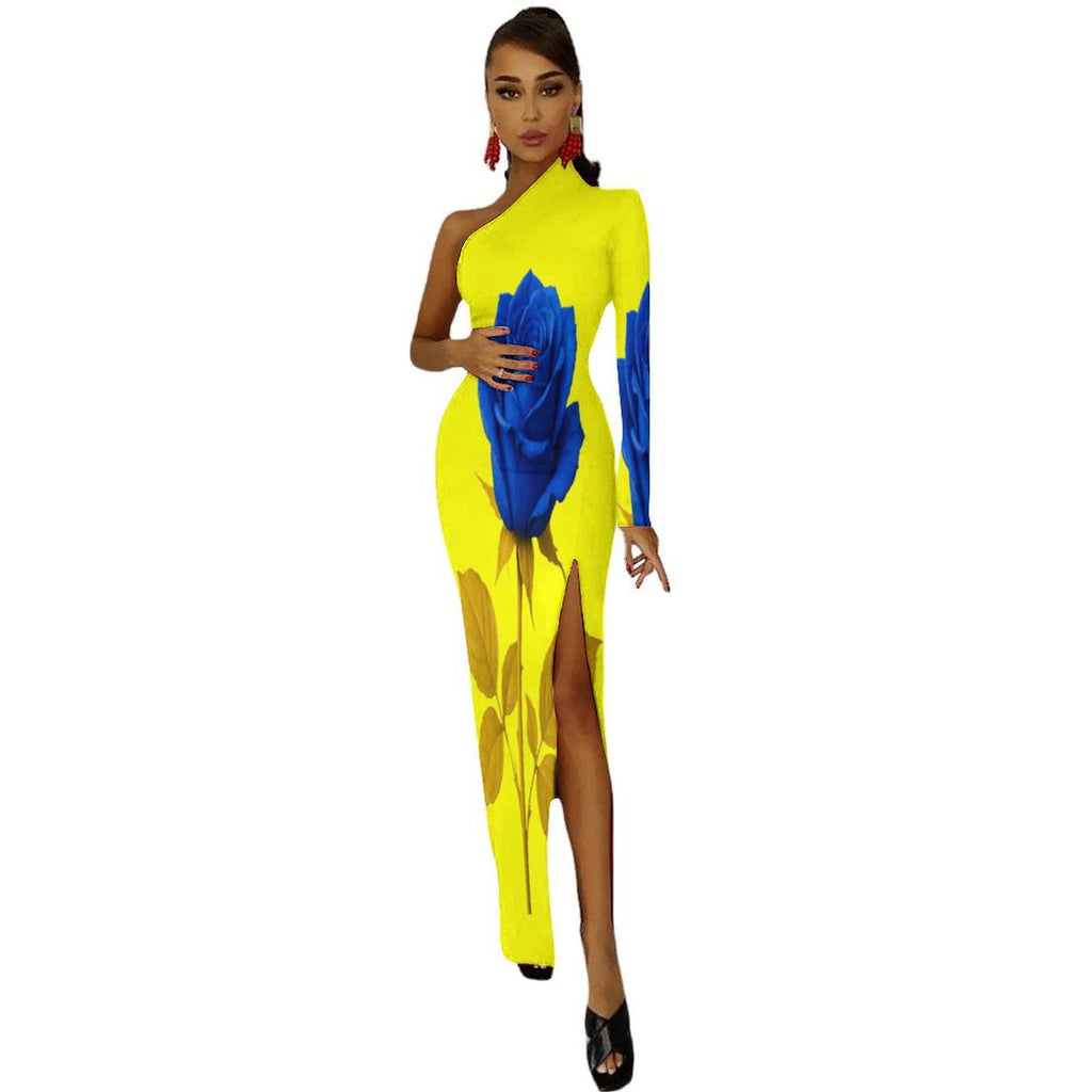 Woman wearing a one-shoulder half sleeve split maxi dress in soft polyester blend
