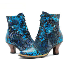 Load image into Gallery viewer, Blue Embossed Leather And Warm Brocade Comfy Ankle Boots
