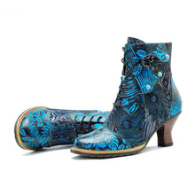 Load image into Gallery viewer, Blue Embossed Leather And Warm Brocade Comfy Ankle Boots
