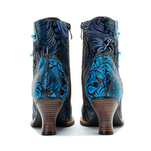 Load image into Gallery viewer, Blue Embossed Leather And Warm Brocade Comfy Ankle Boots
