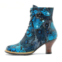 Load image into Gallery viewer, Blue Embossed Leather And Warm Brocade Comfy Ankle Boots
