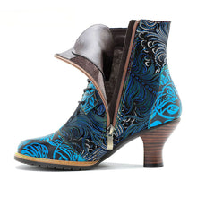 Load image into Gallery viewer, Blue Embossed Leather And Warm Brocade Comfy Ankle Boots
