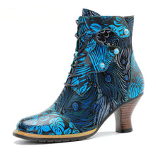 Load image into Gallery viewer, Blue Embossed Leather And Warm Brocade Comfy Ankle Boots
