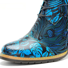 Load image into Gallery viewer, Blue Embossed Leather And Warm Brocade Comfy Ankle Boots
