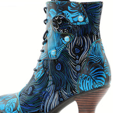 Load image into Gallery viewer, Blue Embossed Leather And Warm Brocade Comfy Ankle Boots
