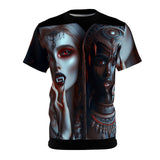 Unisex tee with gothic all-over print and dark aesthetic artwork, crew neck and regular fit — alternate view