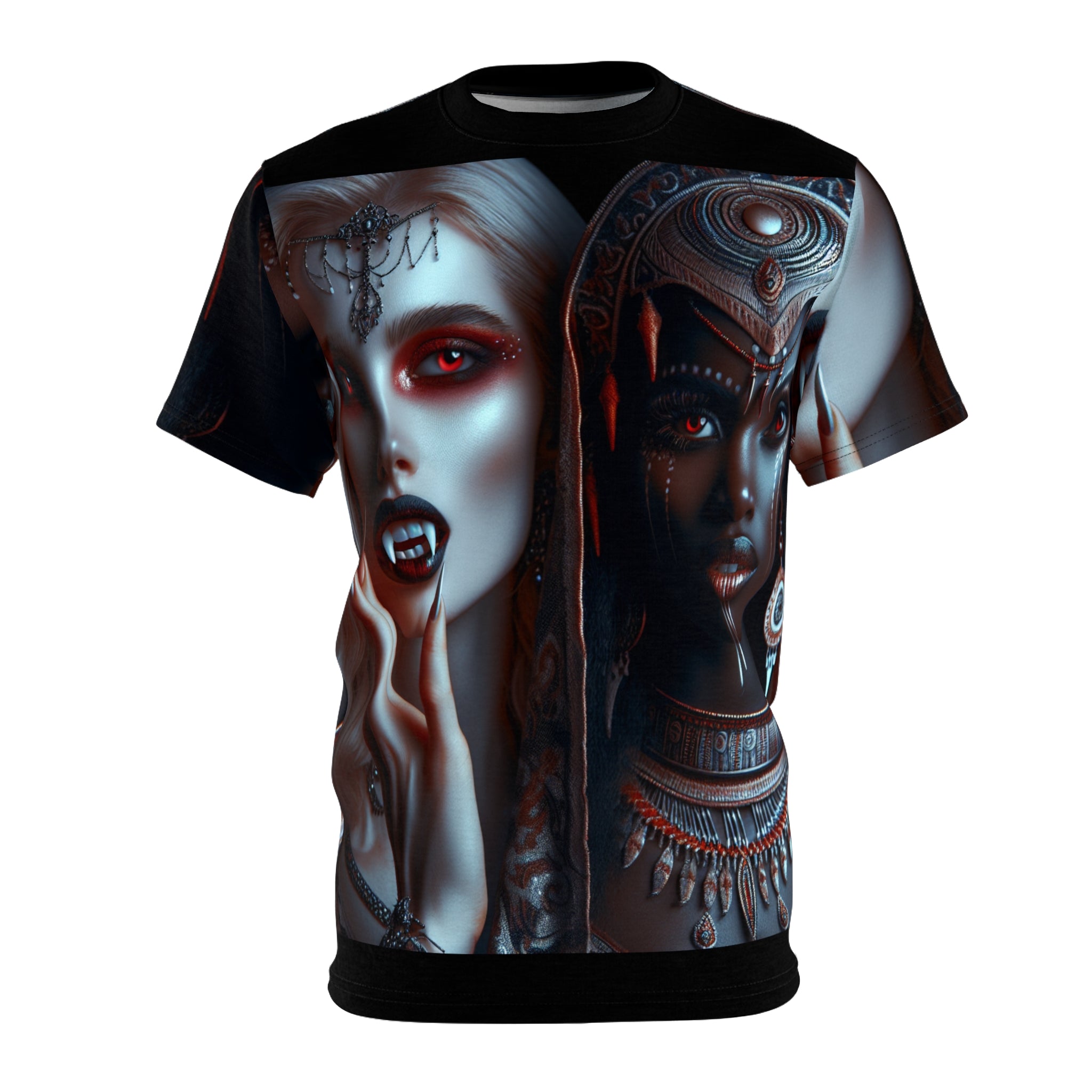 Unisex tee with gothic all-over print and dark aesthetic artwork, crew neck and regular fit — alternate view