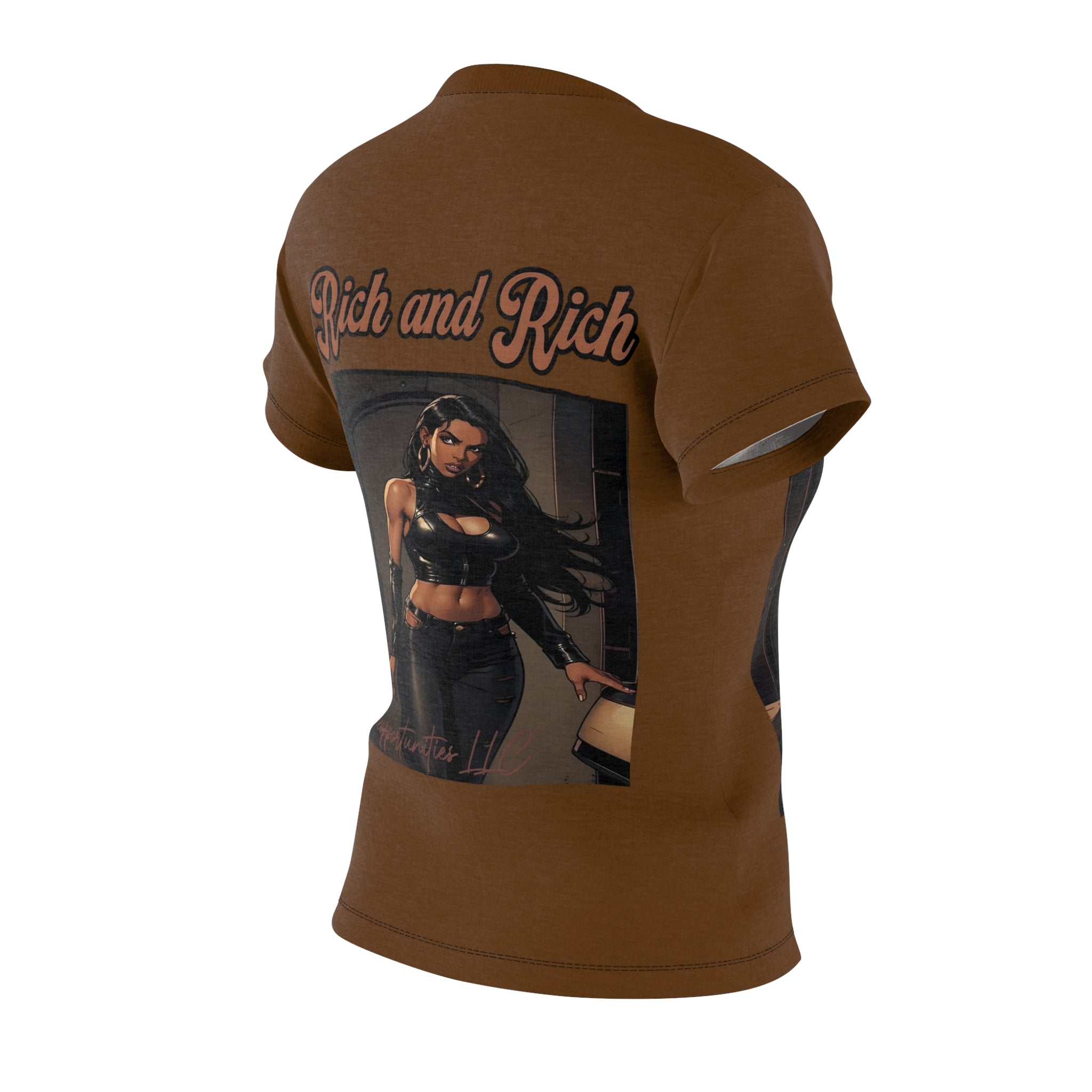 Women's brown all-over graphic T-shirt featuring bold 'Rich and Rich' print — additional view 6
