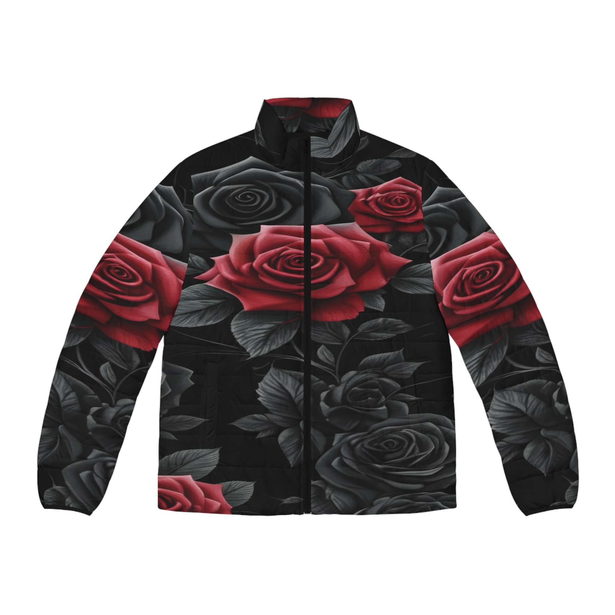 Men's black and red puffer jacket with bold rose floral print and front pockets — product detail