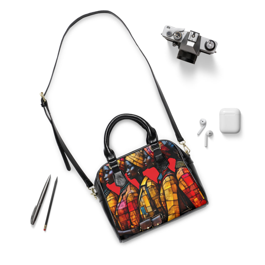 R&RH Vibrant African Art Womens Black Multi Shoulder Handbag with colorful African-inspired patterns