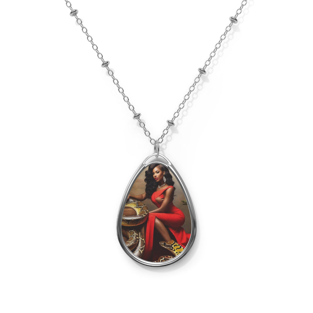 R&RH Elegant Red Oval Necklace with vibrant artwork and glossy finish on a stylish chain