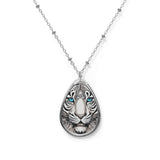 Oval necklace with a printed tiger face pendant in vibrant colors and a glossy silver-plated finish — side view