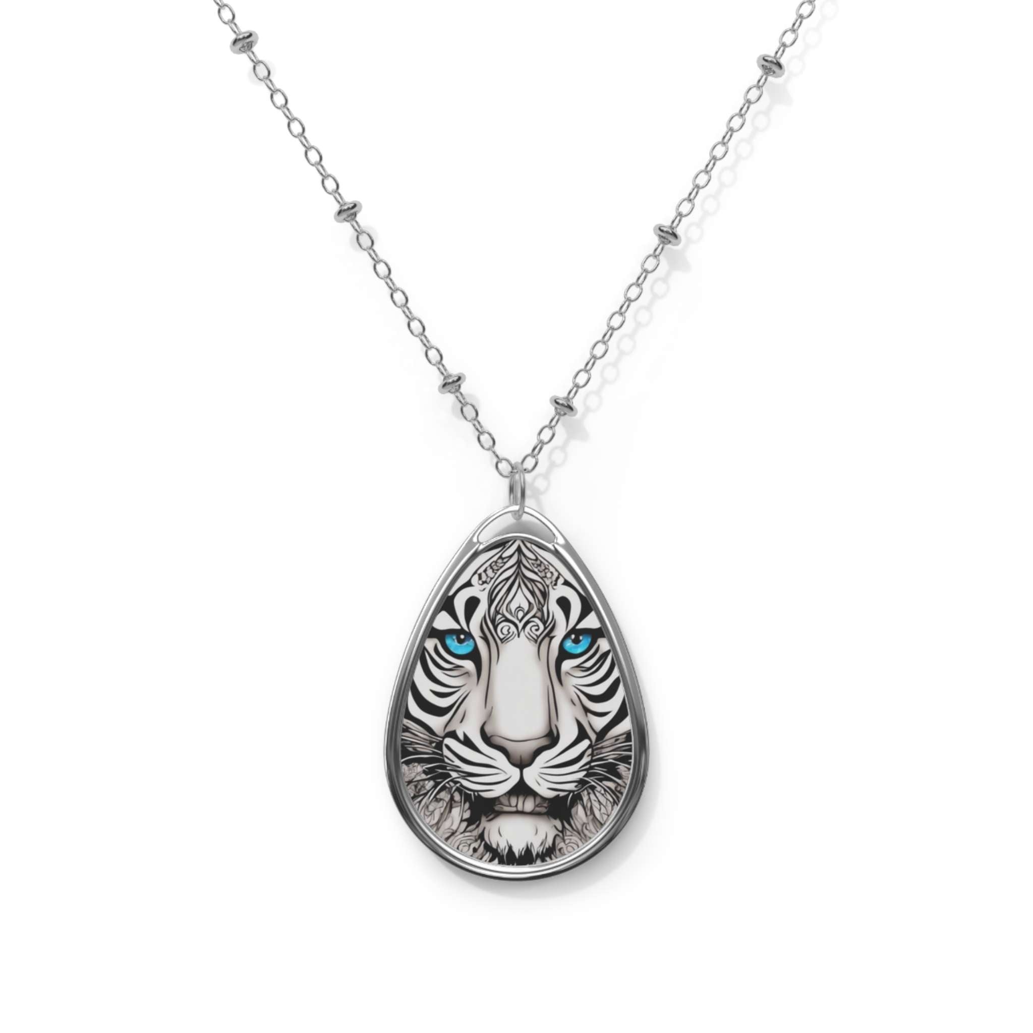 Oval necklace with a printed tiger face pendant in vibrant colors and a glossy silver-plated finish — side view