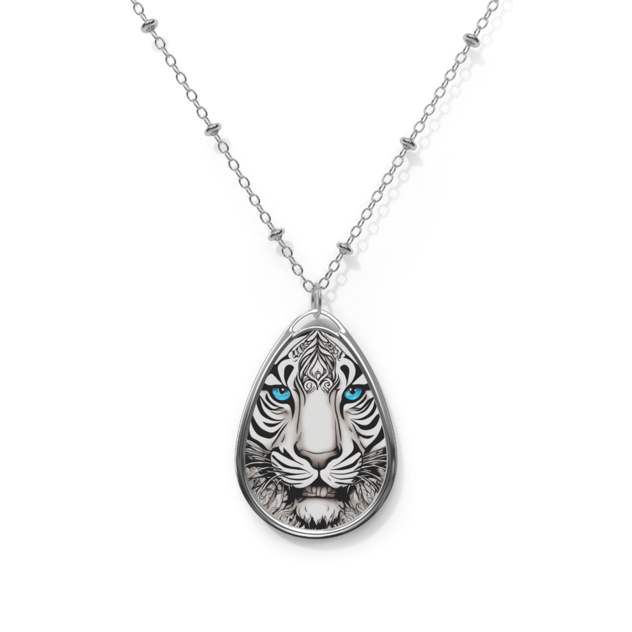 Oval necklace with a printed tiger face pendant in vibrant colors and a glossy silver-plated finish — side view
