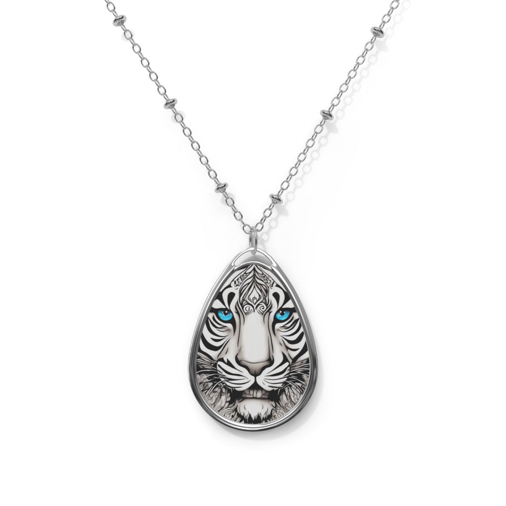 R&RH Elegant Silver Tiger Face Oval Necklace with Detailed Animal Design