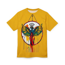 Load image into Gallery viewer, R&amp;RH Colorful Angel Graphic Tee | Unisex Mustard Yellow T-Shirt for Art Lovers
