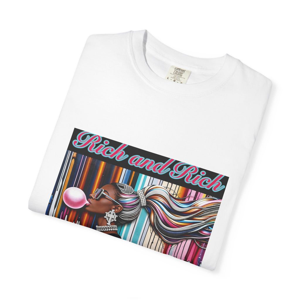 Unisex Rich and Rich colorful bubblegum street art graphic t-shirt featuring a figure blowing a rainbow bubble