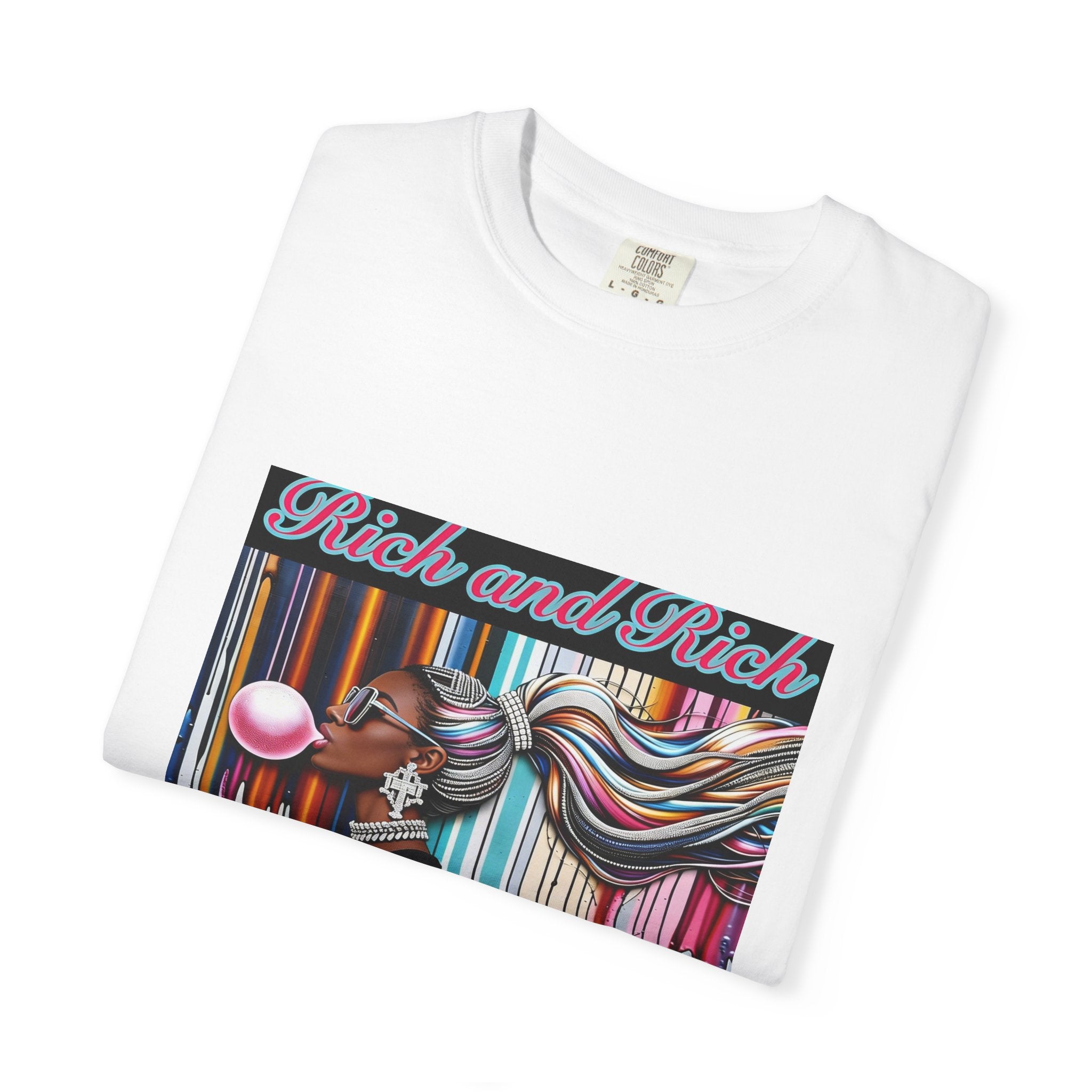 Unisex Rich and Rich colorful bubblegum street art graphic t-shirt featuring a figure blowing a rainbow bubble