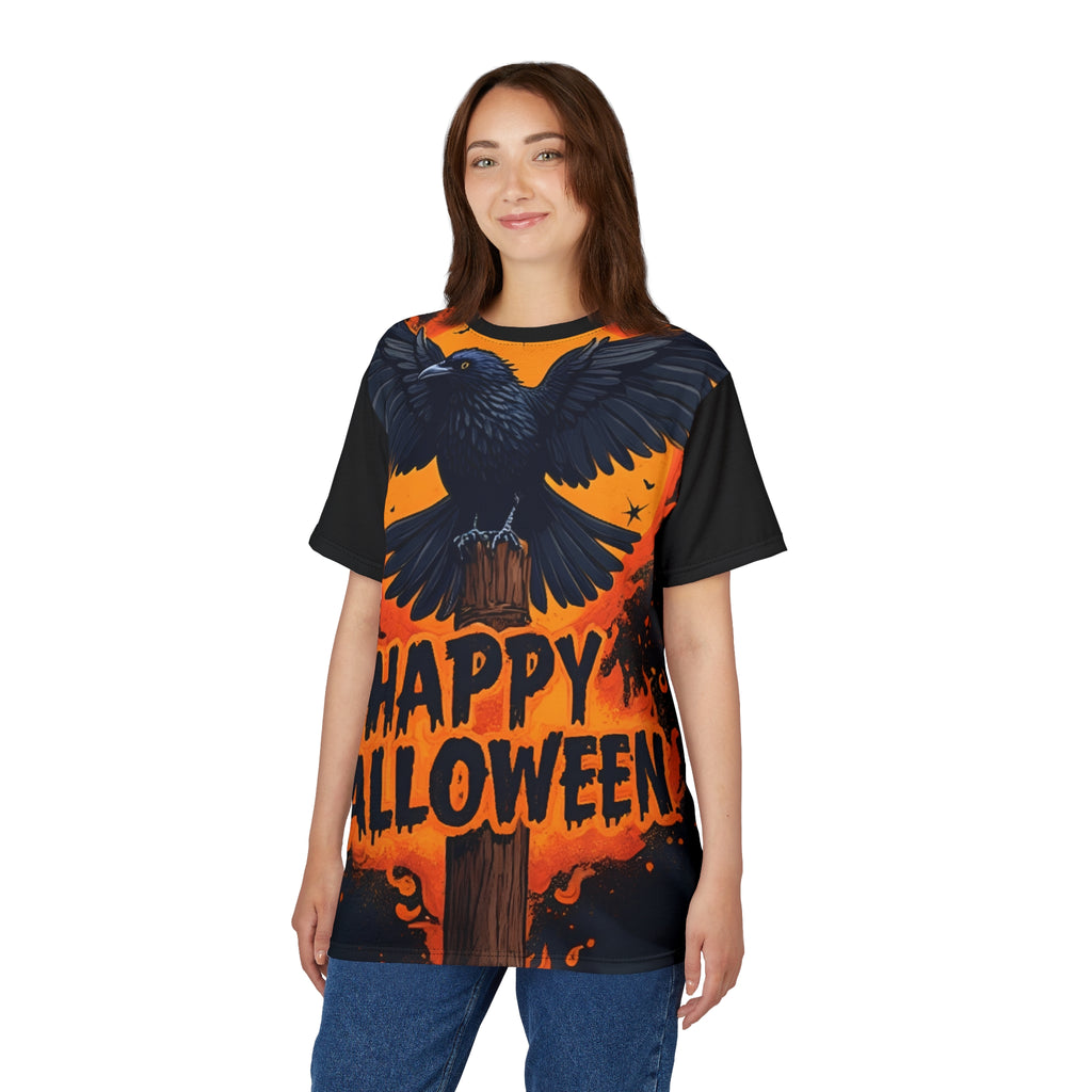 Unisex Halloween Crow Tee with striking raven graphic and Happy Halloween text