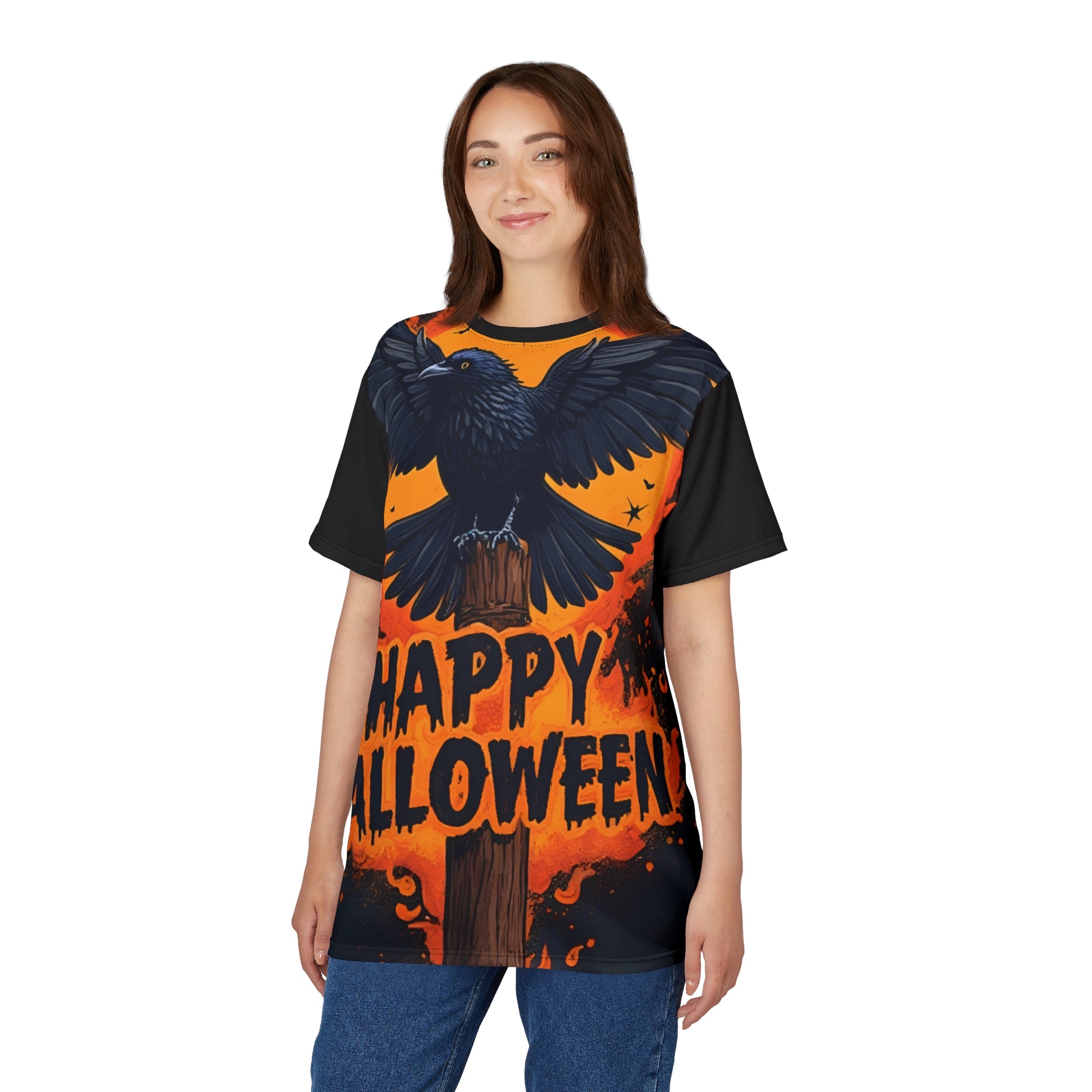 Unisex Halloween Crow Tee with striking raven graphic and Happy Halloween text